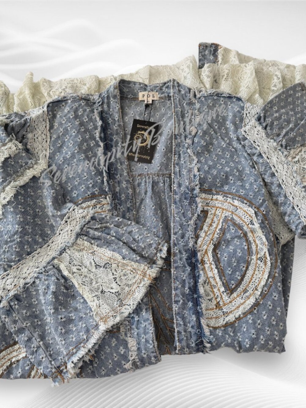 POL NWT Denim Eyelet Lace Peace Sign Maxi Duster Kimono Jacket Boho Festival - Picture 7 of 11